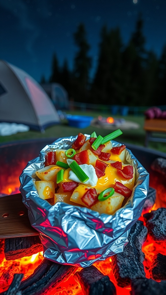 Foil packet of cheesy bacon potatoes over a campfire.
